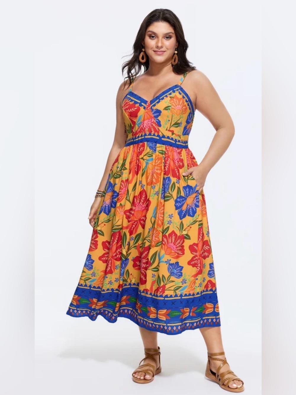 Bloomchic Vibrant Floral Print Pockets Cami Midi Dress